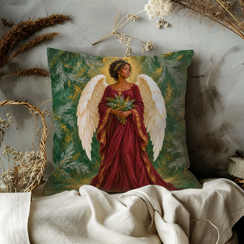 Angel Bouquet Pillow Cover | Ethereal Forest-like Background with Green and Gold Textures