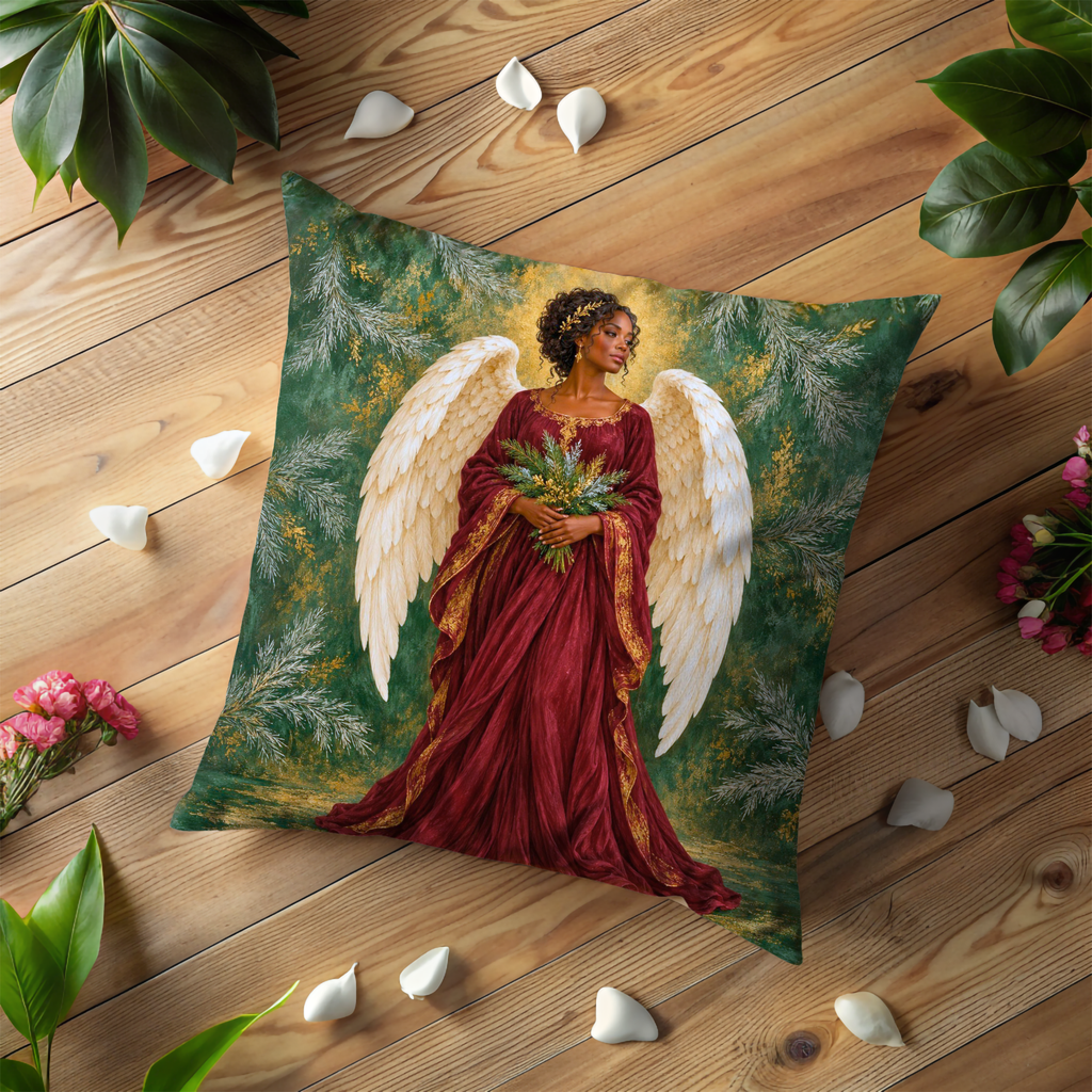 Angel Bouquet Pillow Cover | Ethereal Forest-like Background with Green and Gold Textures