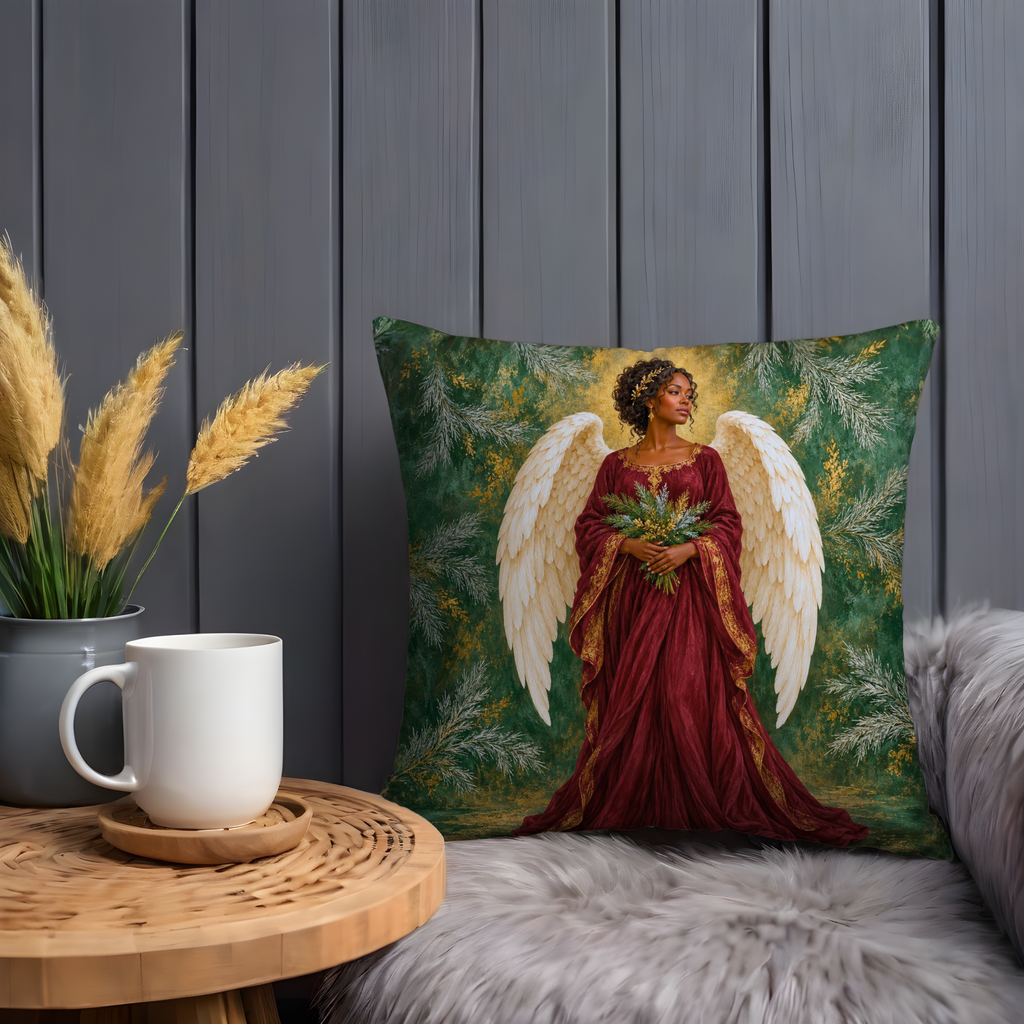 Angel Bouquet Pillow Cover | Ethereal Forest-like Background with Green and Gold Textures