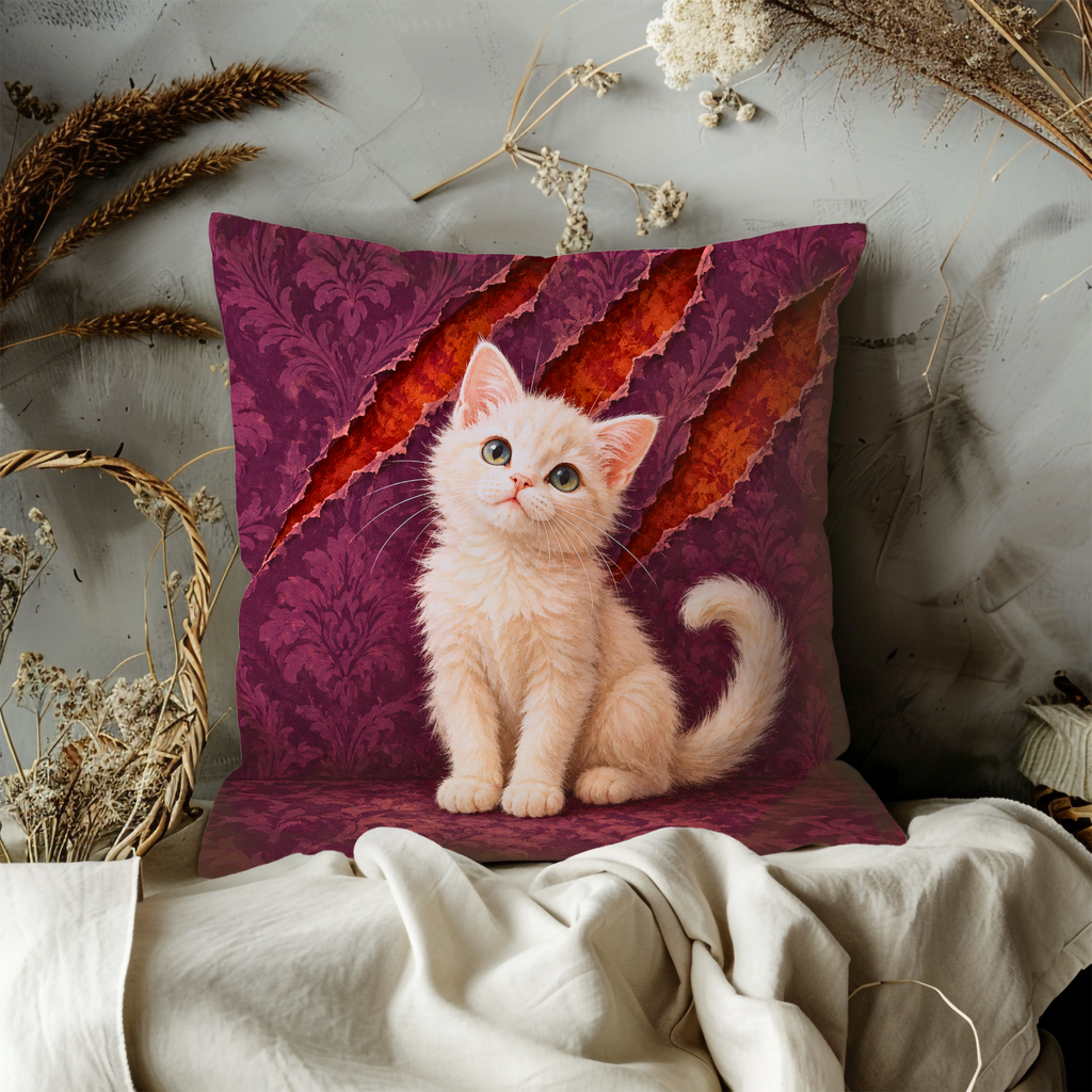 Kitten Pillow Cover | Indoor Setting with Patterned Upholstery