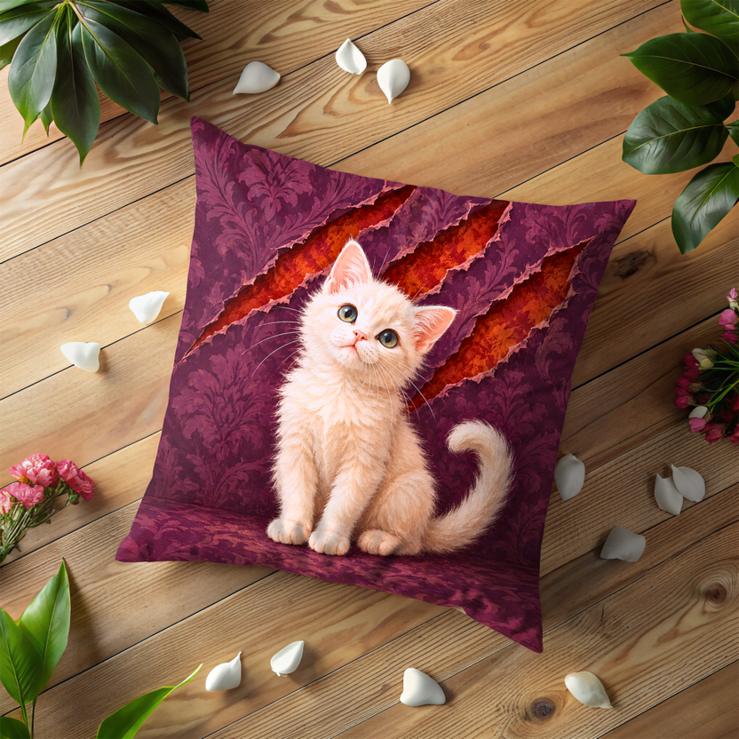 Kitten Pillow Cover | Indoor Setting with Patterned Upholstery