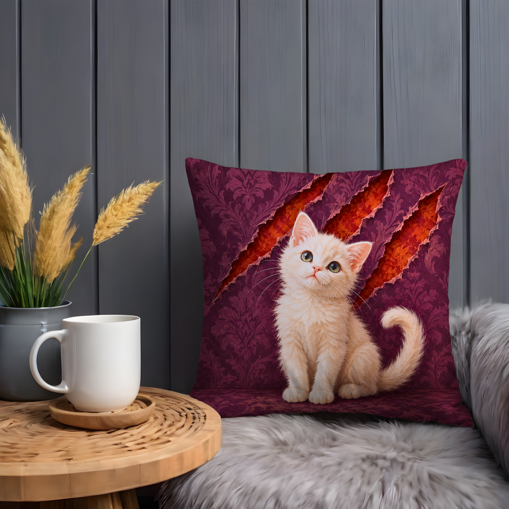 Kitten Pillow Cover | Indoor Setting with Patterned Upholstery