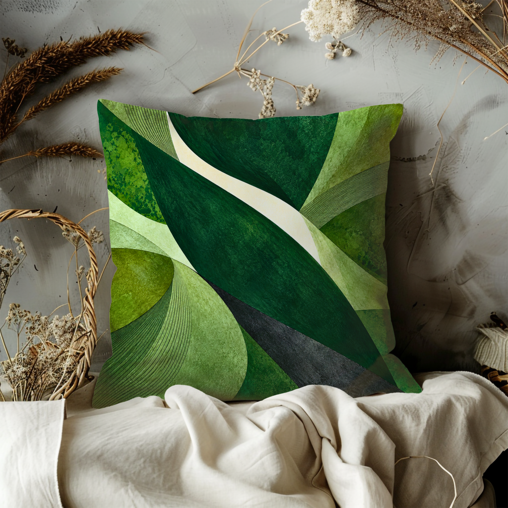 Overlapping Curved Shapes Pillow Cover | Layered Green Curves with Concentric Arcs