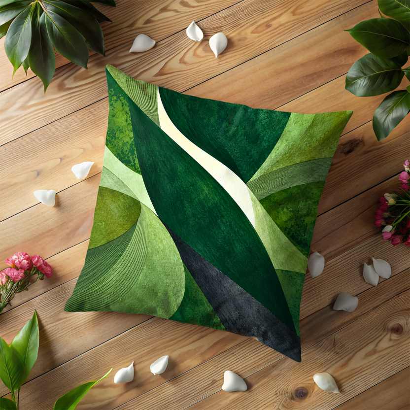 Overlapping Curved Shapes Pillow Cover | Layered Green Curves with Concentric Arcs