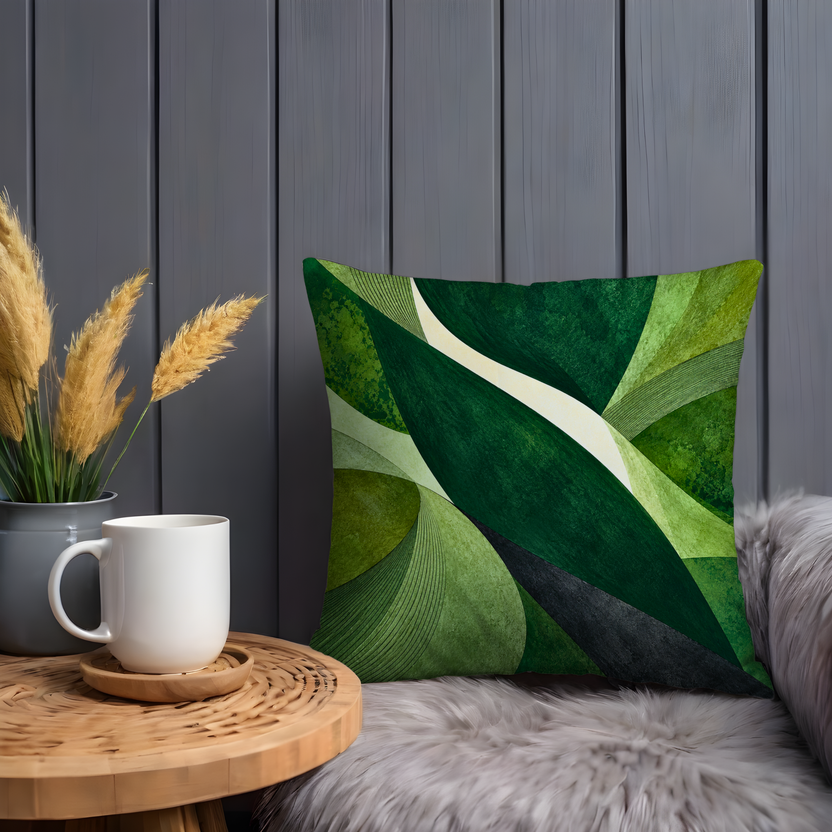 Overlapping Curved Shapes Pillow Cover | Layered Green Curves with Concentric Arcs