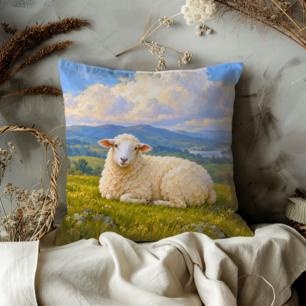 Reclining White Sheep Pillow Cover | Lake Scene
