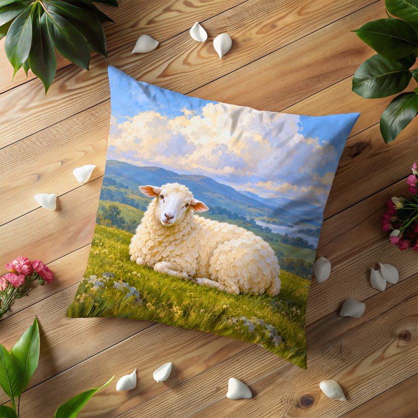 Reclining White Sheep Pillow Cover | Lake Scene
