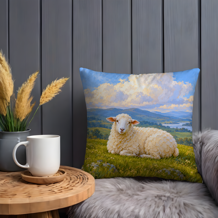 Reclining White Sheep Pillow Cover | Lake Scene