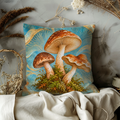 Spotted Mushrooms Pillow Cover | Mossy Cluster Against Swirling Teal and Gold Backdrop