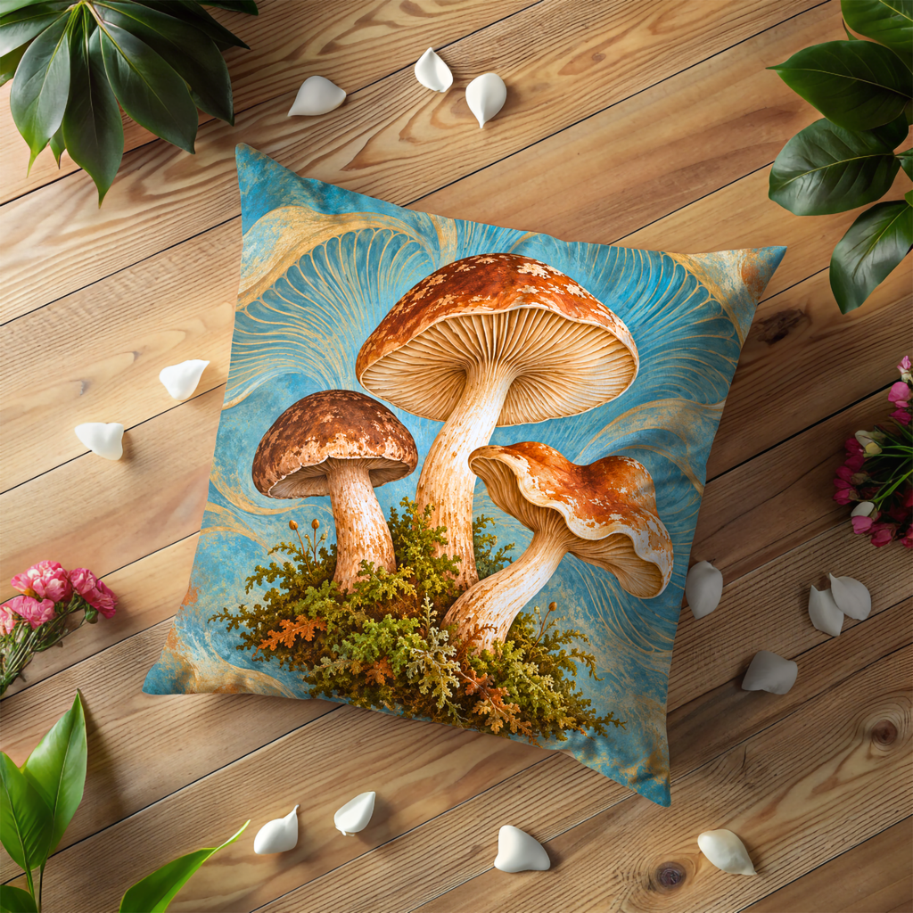 Spotted Mushrooms Pillow Cover | Mossy Cluster Against Swirling Teal and Gold Backdrop