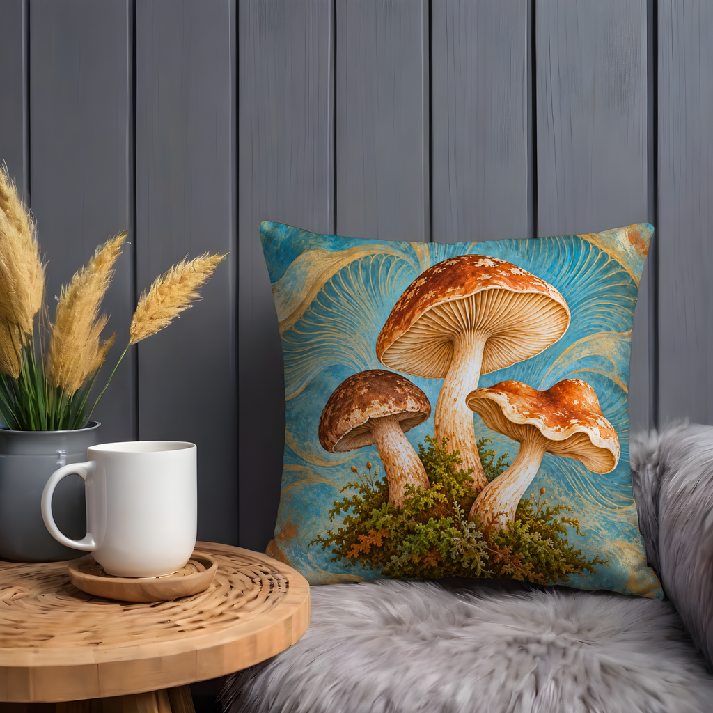 Spotted Mushrooms Pillow Cover | Mossy Cluster Against Swirling Teal and Gold Backdrop
