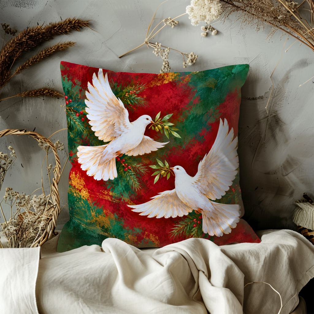 White Doves Pillow Cover | Abstract Festive Background with Red and Green Colors