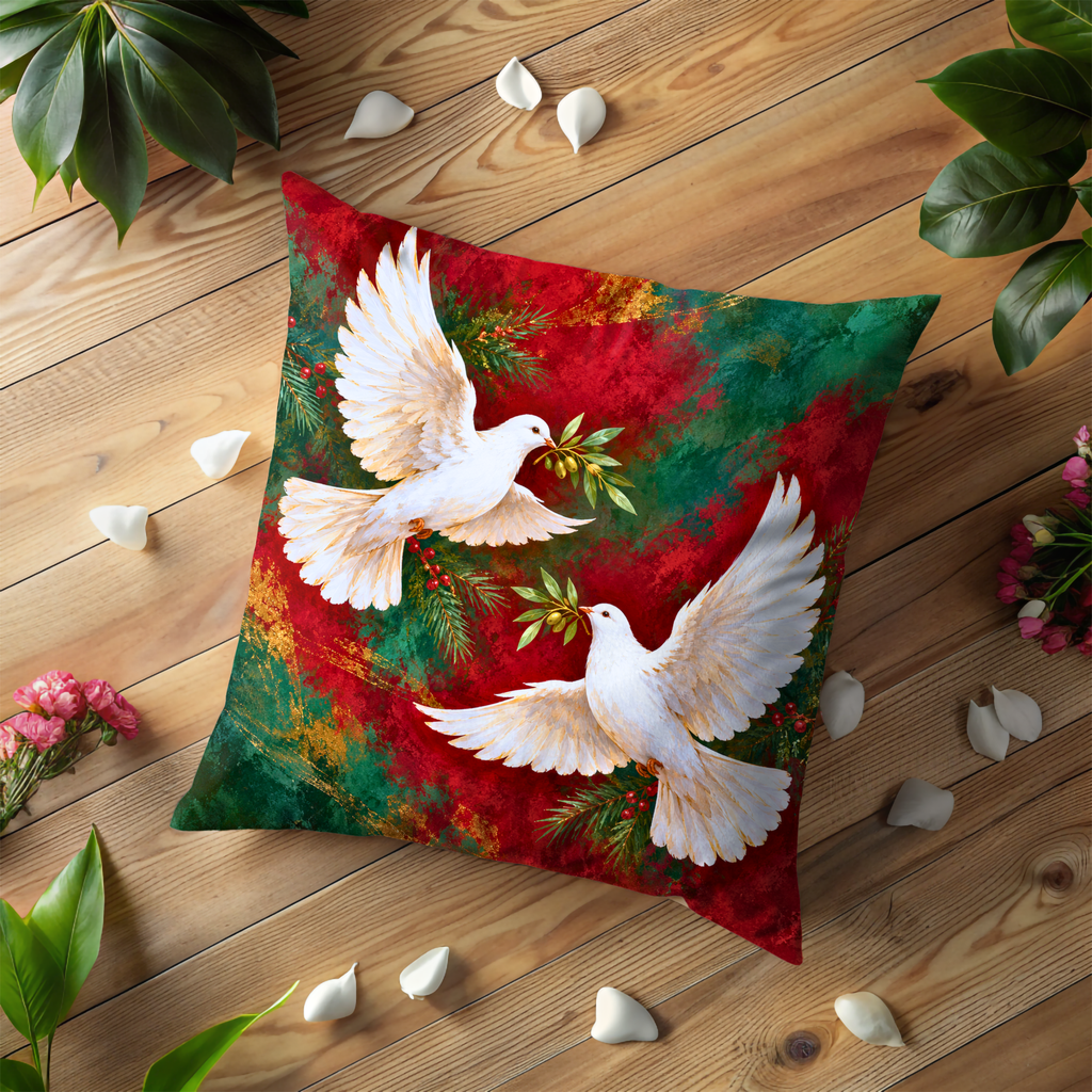 White Doves Pillow Cover | Abstract Festive Background with Red and Green Colors