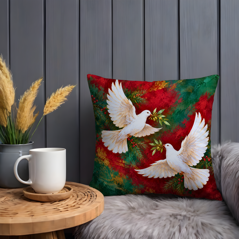 White Doves Pillow Cover | Abstract Festive Background with Red and Green Colors
