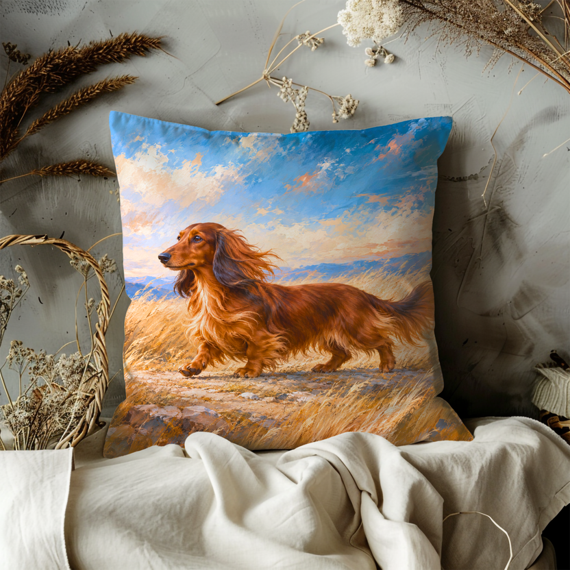 Long Haired Dachshund Pillow Cover | Grassy Field with a Mountainous Backdrop Under a Dynamic Sky