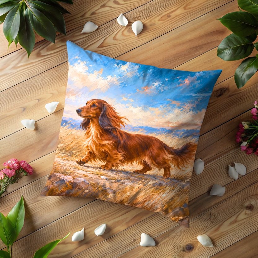 Long Haired Dachshund Pillow Cover | Grassy Field with a Mountainous Backdrop Under a Dynamic Sky