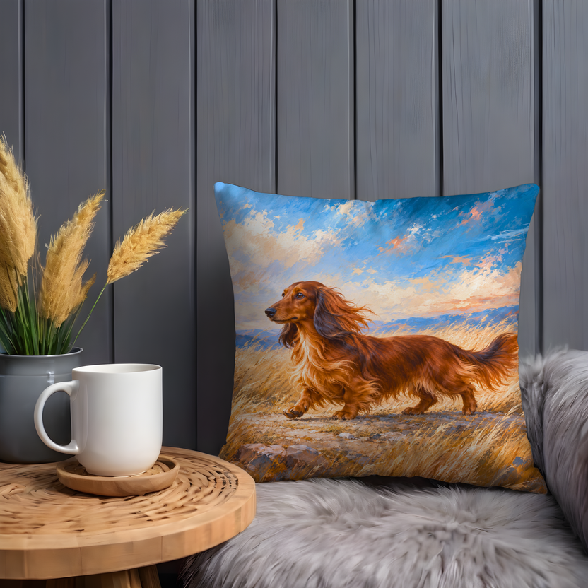 Long Haired Dachshund Pillow Cover | Grassy Field with a Mountainous Backdrop Under a Dynamic Sky