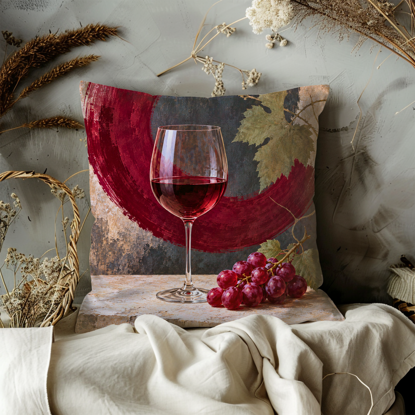 Red Wine Glass Pillow Cover | Grapes and Vine on a Stone Ledge