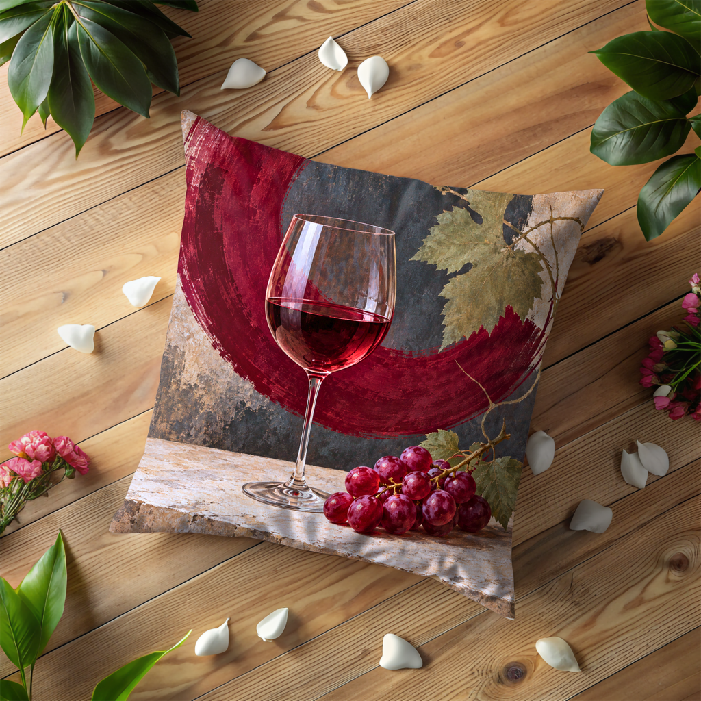 Red Wine Glass Pillow Cover | Grapes and Vine on a Stone Ledge