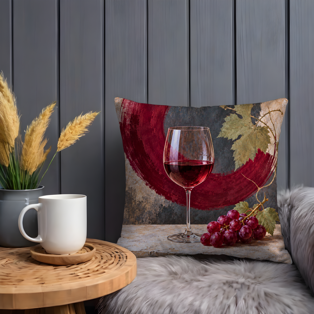 Red Wine Glass Pillow Cover | Grapes and Vine on a Stone Ledge