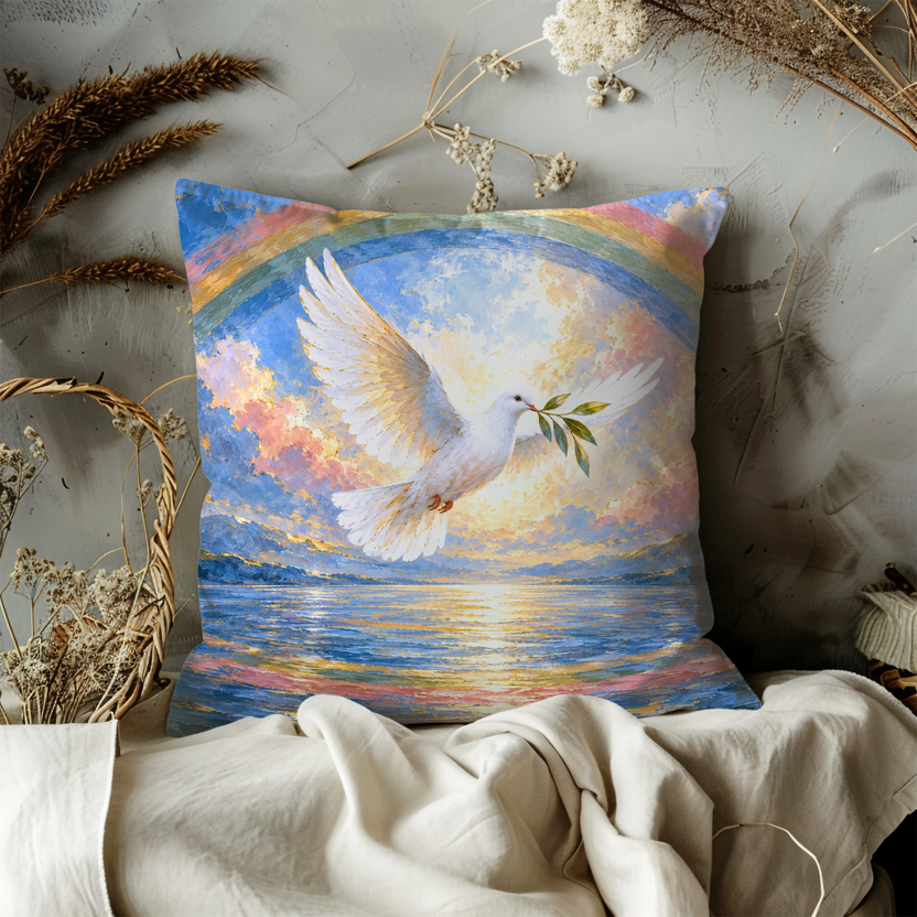 White Dove Pillow Cover | Rainbow Over a Sunset Seascape