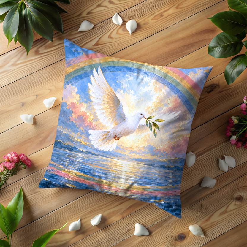White Dove Pillow Cover | Rainbow Over a Sunset Seascape