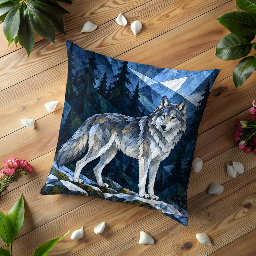 Gray Wolf Pillow Cover | Faceted Pine Forest and Rocky Mountains