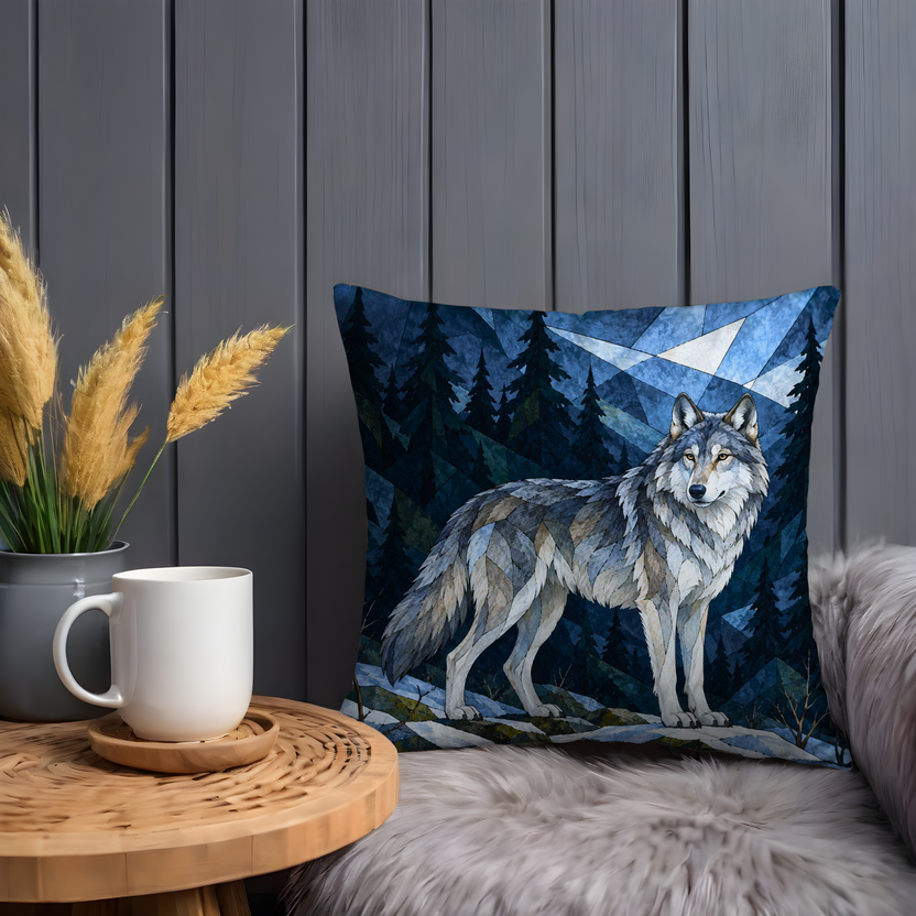 Gray Wolf Pillow Cover | Faceted Pine Forest and Rocky Mountains