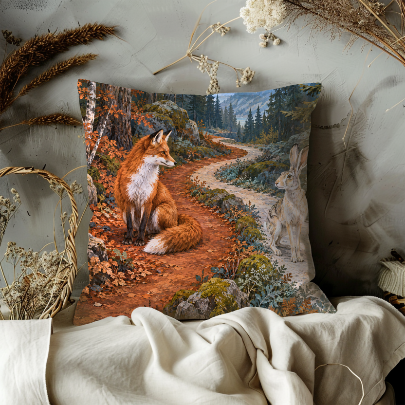 Fox and Rabbit Pillow Cover | Winding Autumn Forest Path