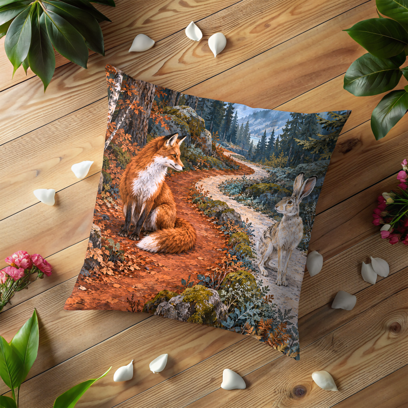 Fox and Rabbit Pillow Cover | Winding Autumn Forest Path