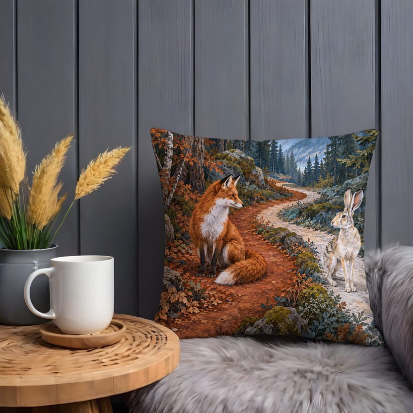 Fox and Rabbit Pillow Cover | Winding Autumn Forest Path