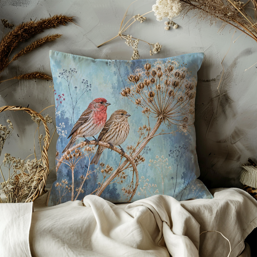Small Birds Pillow Cover | Birds Perched on a Dried Umbel Seed Head Against a Pale Blue Botanical Wash
