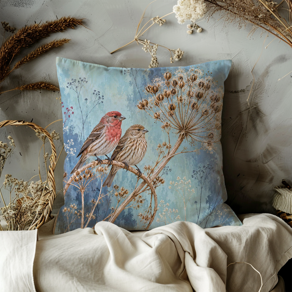 Small Birds Pillow Cover | Birds Perched on a Dried Umbel Seed Head Against a Pale Blue Botanical Wash