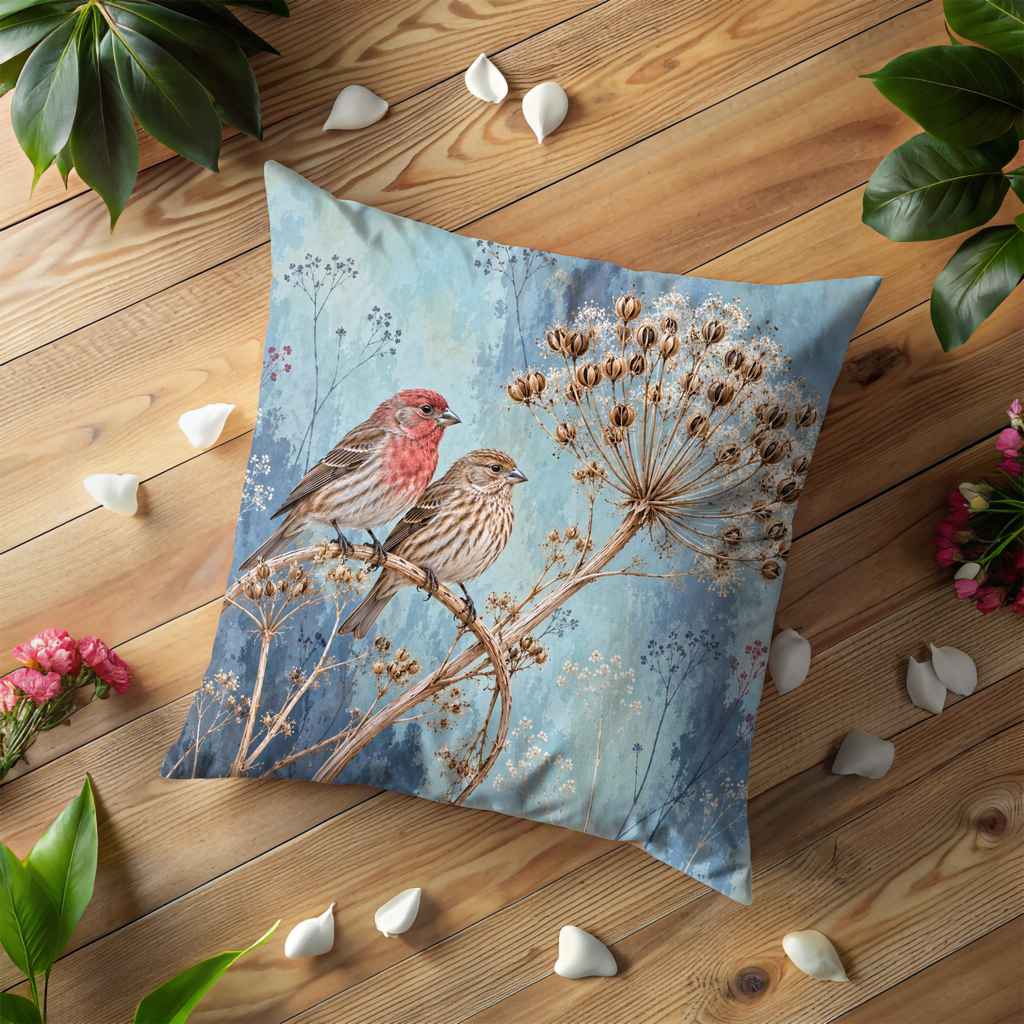 Small Birds Pillow Cover | Birds Perched on a Dried Umbel Seed Head Against a Pale Blue Botanical Wash