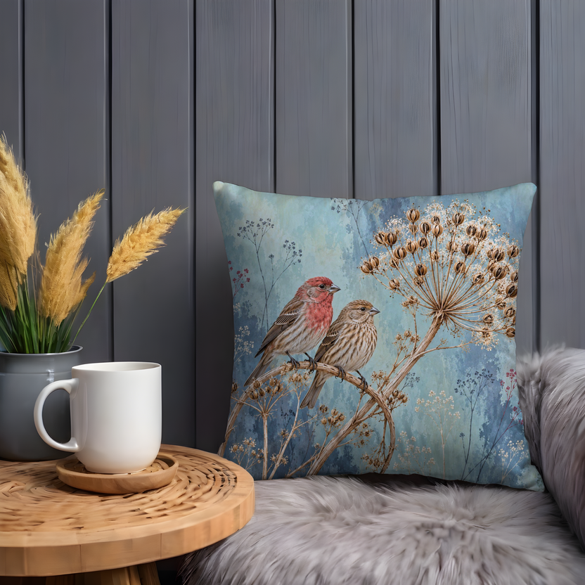 Small Birds Pillow Cover | Birds Perched on a Dried Umbel Seed Head Against a Pale Blue Botanical Wash