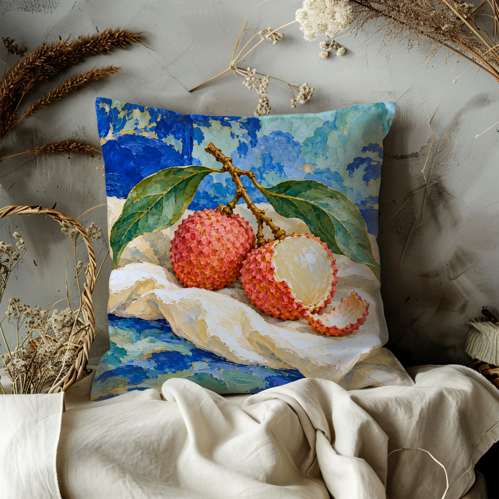 Lychee Fruits Branch Pillow Cover | Still Life Arrangement with an Abstract, Textured Background