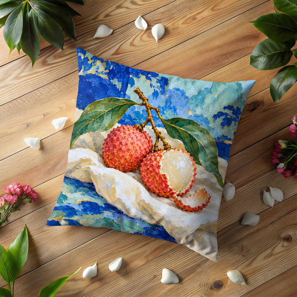 Lychee Fruits Branch Pillow Cover | Still Life Arrangement with an Abstract, Textured Background