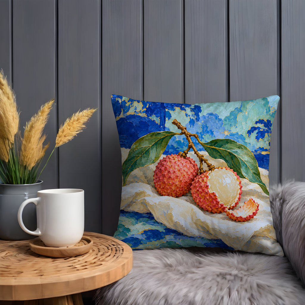 Lychee Fruits Branch Pillow Cover | Still Life Arrangement with an Abstract, Textured Background