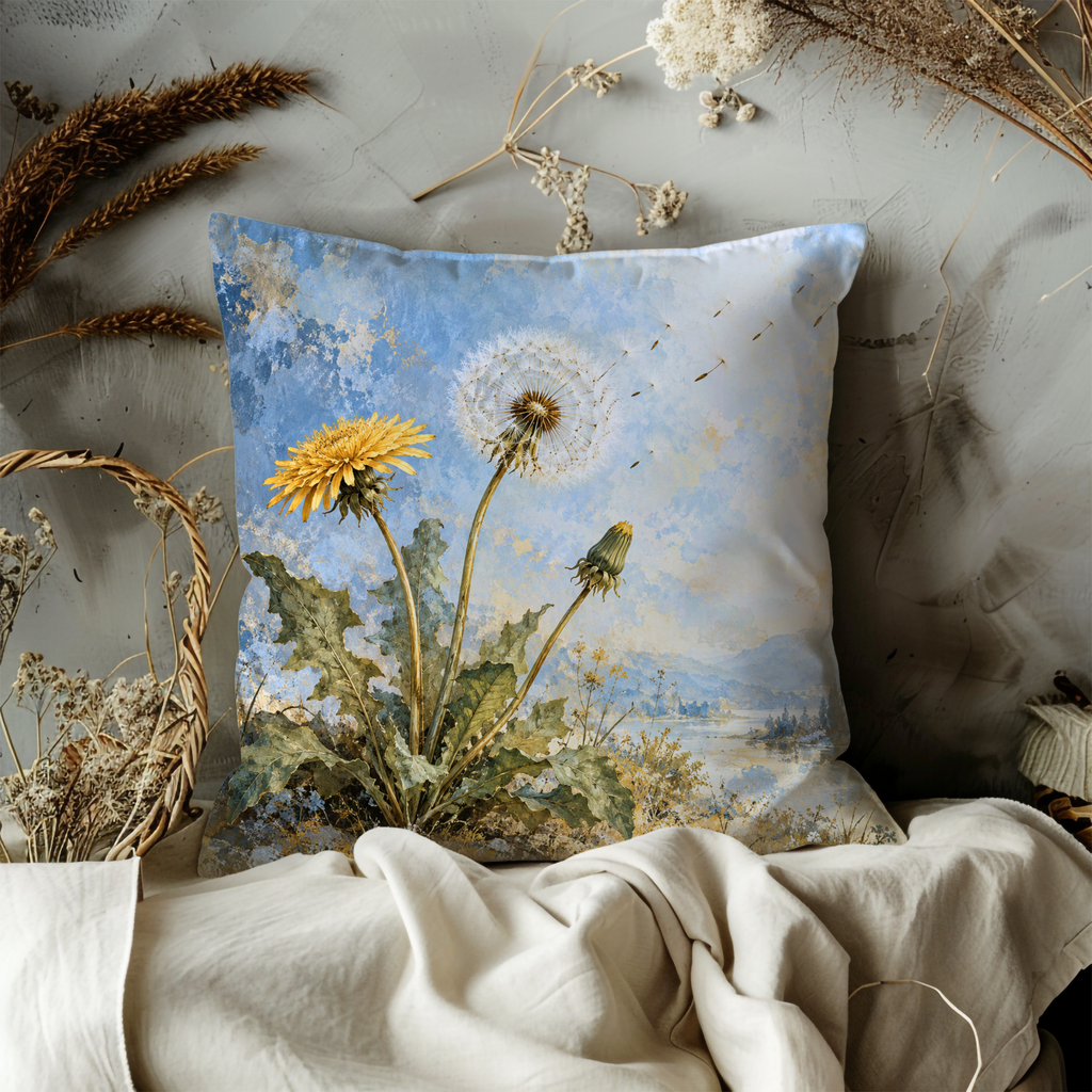 Dandelions Various Stages Bloom Pillow Cover | Serene Natural Landscape with a Body of Water and Mountains Under a Textured Sky