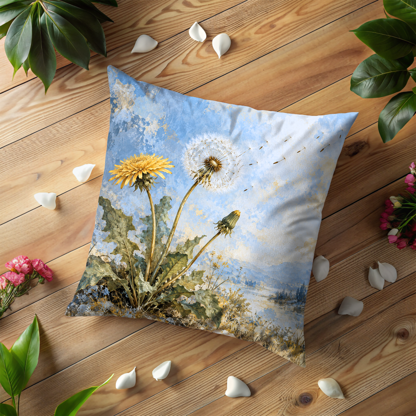 Dandelions Various Stages Bloom Pillow Cover | Serene Natural Landscape with a Body of Water and Mountains Under a Textured Sky