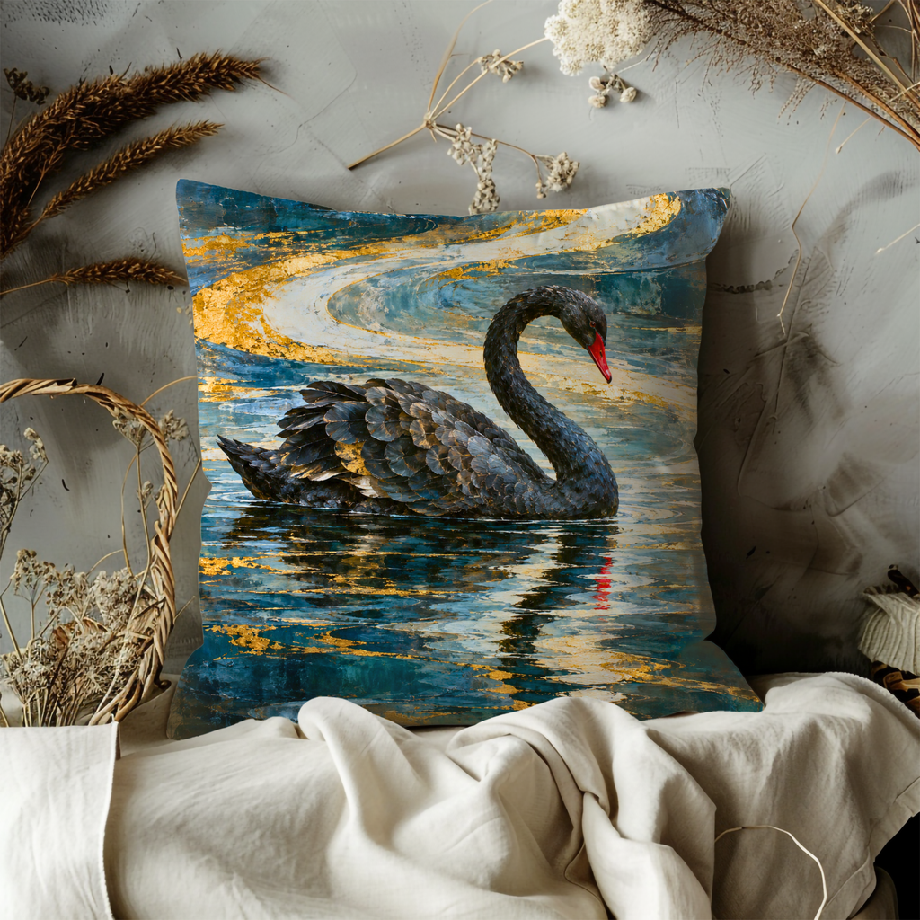 Black Swan Pillow Cover | Abstract Body of Water with Flowing Patterns