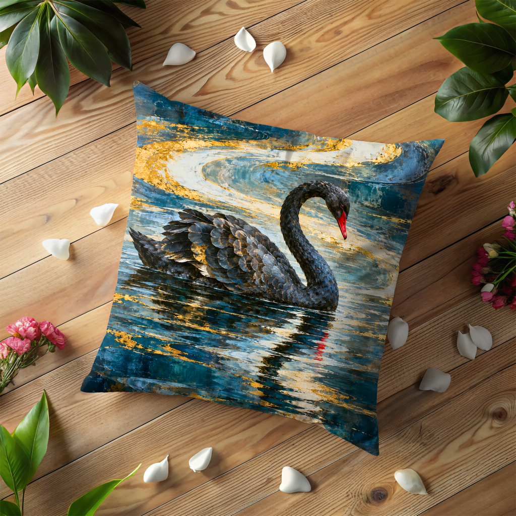 Black Swan Pillow Cover | Abstract Body of Water with Flowing Patterns
