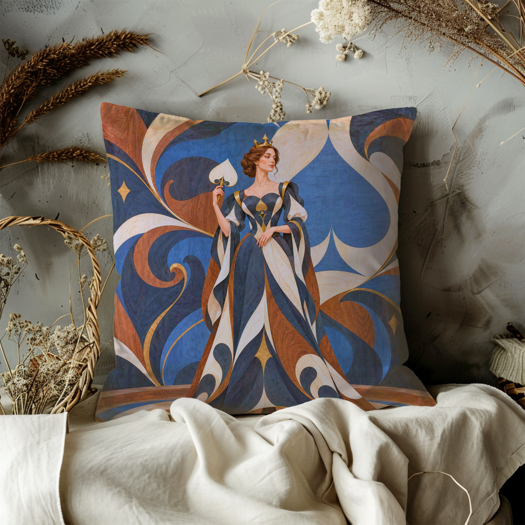 Woman Elaborate Dress Pillow Cover | Woman in Elaborate Dress Holding, Indoor Setting with a Decorative, Patterned Wall and Floor