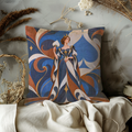 Woman Elaborate Dress Pillow Cover | Woman in Elaborate Dress Holding, Indoor Setting with a Decorative, Patterned Wall and Floor