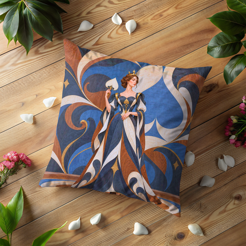 Woman Elaborate Dress Pillow Cover | Woman in Elaborate Dress Holding, Indoor Setting with a Decorative, Patterned Wall and Floor