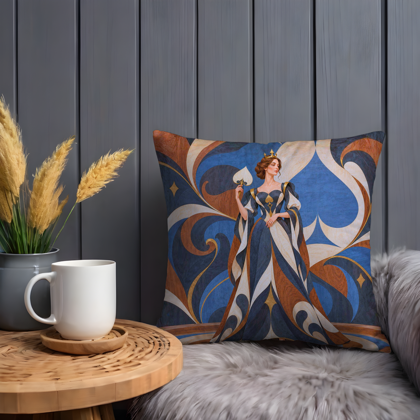 Woman Elaborate Dress Pillow Cover | Woman in Elaborate Dress Holding, Indoor Setting with a Decorative, Patterned Wall and Floor