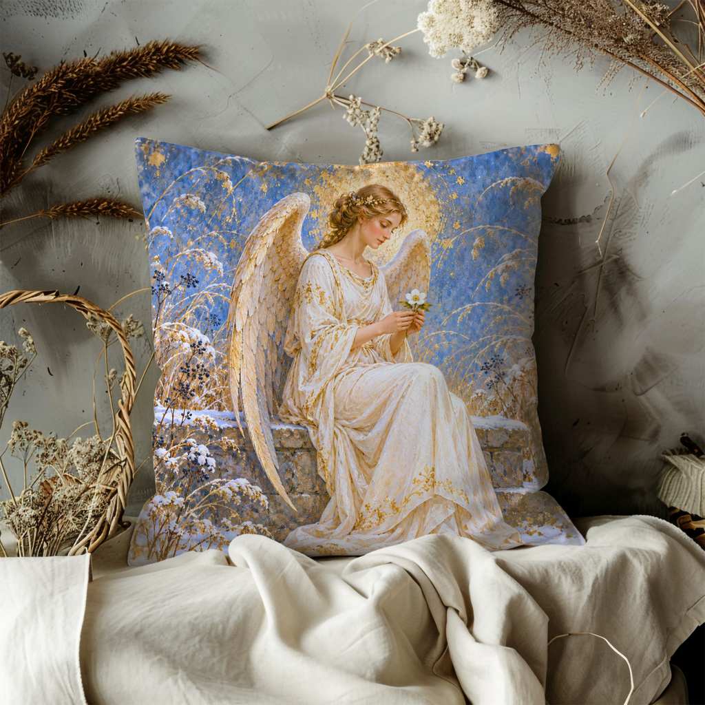 Angel Flower Pillow Cover | Angel Holding White Flower, Serene Snowy Winter Landscape with Golden Accents