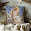 Angel Flower Pillow Cover | Angel Holding White Flower, Serene Snowy Winter Landscape with Golden Accents