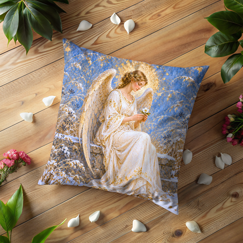 Angel Flower Pillow Cover | Angel Holding White Flower, Serene Snowy Winter Landscape with Golden Accents