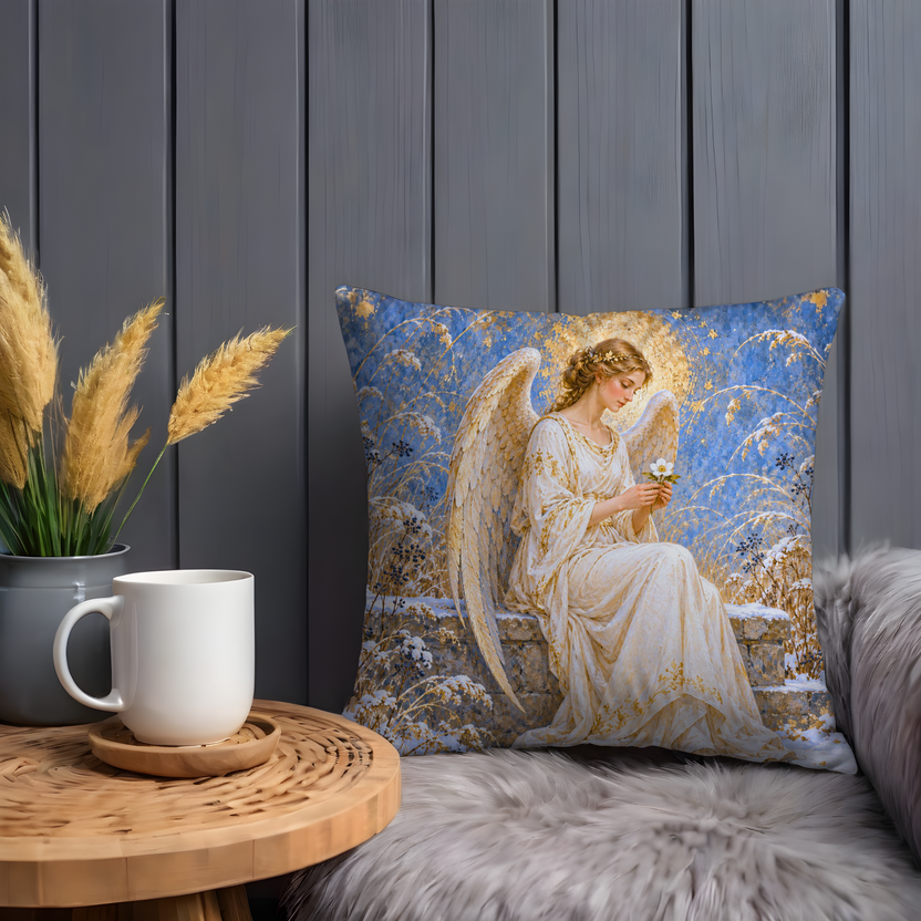 Angel Flower Pillow Cover | Angel Holding White Flower, Serene Snowy Winter Landscape with Golden Accents